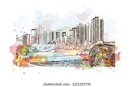 Building view with landmark of Curitiba is the capital of the southern Brazilian state of Parana. Watercolor splash with Hand drawn sketch illustration in vector.