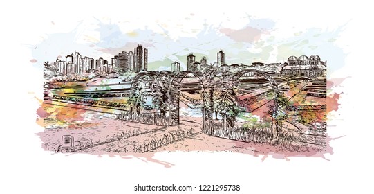 Building view with landmark of Curitiba is the capital of the southern Brazilian state of Parana. Watercolor splash with Hand drawn sketch illustration in vector.