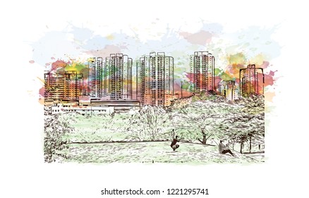 Building view with landmark of Curitiba is the capital of the southern Brazilian state of Parana. Watercolor splash with Hand drawn sketch illustration in vector.