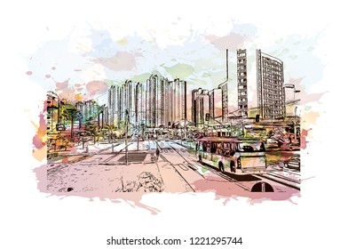 Building view with landmark of Curitiba is the capital of the southern Brazilian state of Parana. Watercolor splash with Hand drawn sketch illustration in vector.