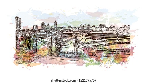 Building view with landmark of Curitiba is the capital of the southern Brazilian state of Parana. Watercolor splash with Hand drawn sketch illustration in vector.