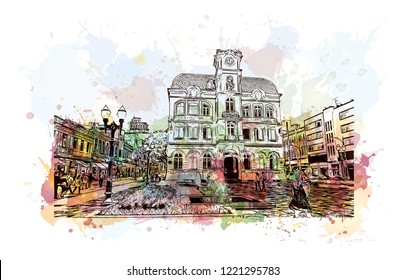 Building view with landmark of Curitiba is the capital of the southern Brazilian state of Parana. Watercolor splash with Hand drawn sketch illustration in vector.