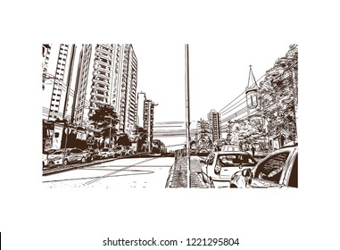 Building view with landmark of Curitiba is the capital of the southern Brazilian state of Parana. Hand drawn sketch illustration in vector.