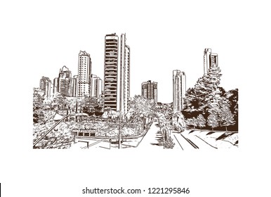 Building view with landmark of Curitiba is the capital of the southern Brazilian state of Parana. Hand drawn sketch illustration in vector.