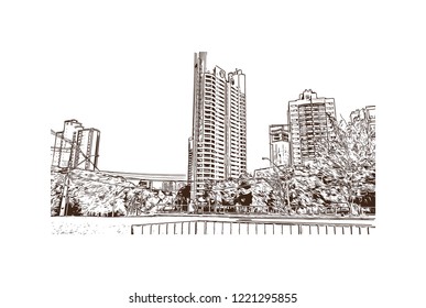 Building view with landmark of Curitiba is the capital of the southern Brazilian state of Parana. Hand drawn sketch illustration in vector.