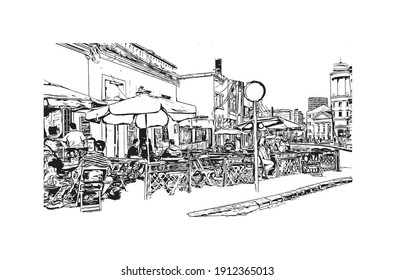 Building view with landmark of Curitiba is the capital of the southern Brazil. Hand drawn sketch illustration in vector.
