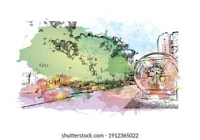 Construir vistas con monumentos de Curitiba es la capital del sur de Brasil. Salto de color de agua con ilustración de esbozo dibujada a mano en vector.