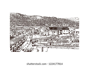 Building view with landmark of Cusco, a city in the Peruvian Andes, was once capital of the Inca Empire. Hand drawn sketch illustration in vector.