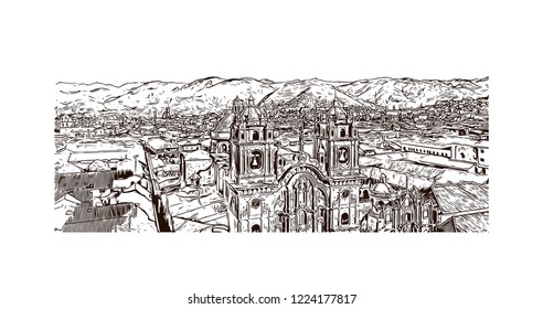 Building view with landmark of Cusco, a city in the Peruvian Andes, was once capital of the Inca Empire. Hand drawn sketch illustration in vector.