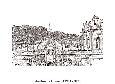 Building view with landmark of Cusco, a city in the Peruvian Andes, was once capital of the Inca Empire. Hand drawn sketch illustration in vector.