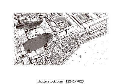 Building view with landmark of Cusco, a city in the Peruvian Andes, was once capital of the Inca Empire. Hand drawn sketch illustration in vector.