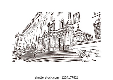 Building view with landmark of Cusco, a city in the Peruvian Andes, was once capital of the Inca Empire. Hand drawn sketch illustration in vector.