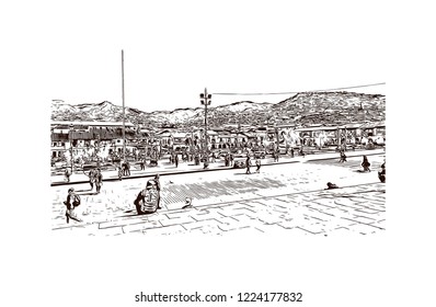 Building view with landmark of Cusco, a city in the Peruvian Andes, was once capital of the Inca Empire. Hand drawn sketch illustration in vector.