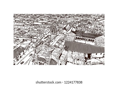 Building view with landmark of Cusco, a city in the Peruvian Andes, was once capital of the Inca Empire. Hand drawn sketch illustration in vector.