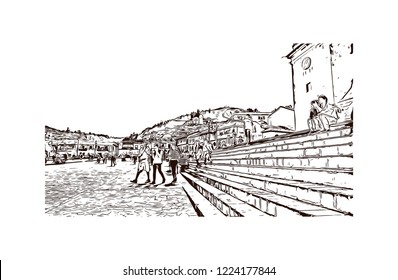 Building view with landmark of Cusco, a city in the Peruvian Andes, was once capital of the Inca Empire. Hand drawn sketch illustration in vector.