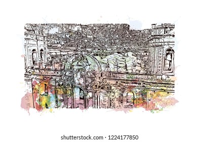 Building view with landmark of Cusco, a city in the Peruvian Andes, was once capital of the Inca Empire. Watercolor splash with Hand drawn sketch illustration in vector.