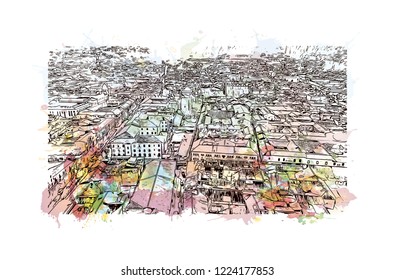 Building view with landmark of Cusco, a city in the Peruvian Andes, was once capital of the Inca Empire. Watercolor splash with Hand drawn sketch illustration in vector.