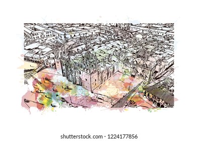 Building view with landmark of Cusco, a city in the Peruvian Andes, was once capital of the Inca Empire. Watercolor splash with Hand drawn sketch illustration in vector.