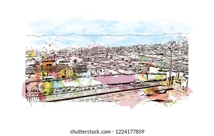 Building view with landmark of Cusco, a city in the Peruvian Andes, was once capital of the Inca Empire. Watercolor splash with Hand drawn sketch illustration in vector.