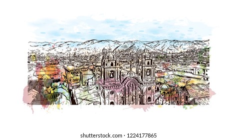 Building view with landmark of Cusco, a city in the Peruvian Andes, was once capital of the Inca Empire. Watercolor splash with Hand drawn sketch illustration in vector.