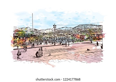 Building view with landmark of Cusco, a city in the Peruvian Andes, was once capital of the Inca Empire. Watercolor splash with Hand drawn sketch illustration in vector.