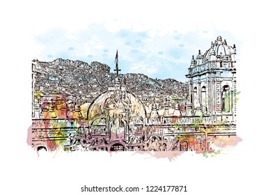 Building view with landmark of Cusco, a city in the Peruvian Andes, was once capital of the Inca Empire. Watercolor splash with Hand drawn sketch illustration in vector.