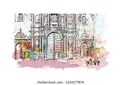 Building view with landmark of Cusco, a city in the Peruvian Andes, was once capital of the Inca Empire. Watercolor splash with Hand drawn sketch illustration in vector.