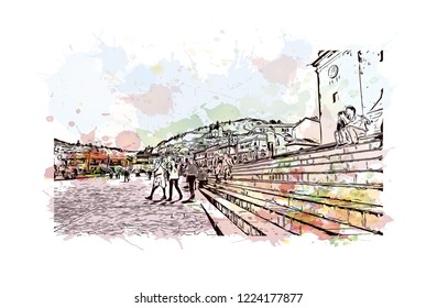 Building view with landmark of Cusco, a city in the Peruvian Andes, was once capital of the Inca Empire. Watercolor splash with Hand drawn sketch illustration in vector.