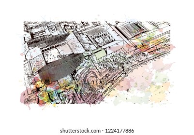 Building view with landmark of Cusco, a city in the Peruvian Andes, was once capital of the Inca Empire. Watercolor splash with Hand drawn sketch illustration in vector.