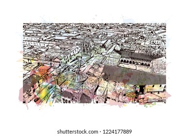 Building view with landmark of Cusco, a city in the Peruvian Andes, was once capital of the Inca Empire. Watercolor splash with Hand drawn sketch illustration in vector.