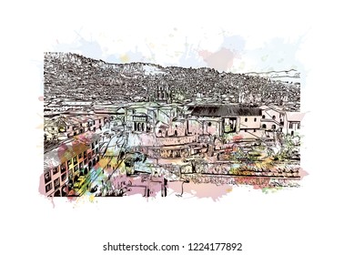 Building view with landmark of Cusco, a city in the Peruvian Andes, was once capital of the Inca Empire. Watercolor splash with Hand drawn sketch illustration in vector.