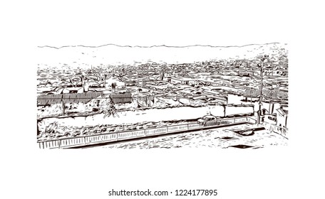 Building view with landmark of Cusco, a city in the Peruvian Andes, was once capital of the Inca Empire. Hand drawn sketch illustration in vector.