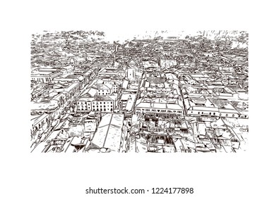 Building view with landmark of Cusco, a city in the Peruvian Andes, was once capital of the Inca Empire. Hand drawn sketch illustration in vector.