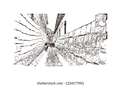 Building view with landmark of Cusco, a city in the Peruvian Andes, was once capital of the Inca Empire. Hand drawn sketch illustration in vector.