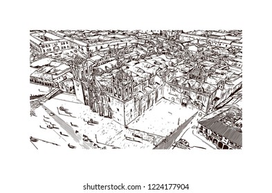 Building view with landmark of Cusco, a city in the Peruvian Andes, was once capital of the Inca Empire. Hand drawn sketch illustration in vector.