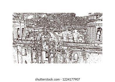 Building view with landmark of Cusco, a city in the Peruvian Andes, was once capital of the Inca Empire. Hand drawn sketch illustration in vector.