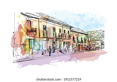 La vista de construcción con el punto de referencia del Cusco es el
ciudad de Perú. Salto de color de agua con ilustración de esbozo dibujada a mano en vector.