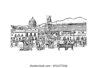 Building view with landmark of Cusco is the
city in Peru. Hand drawn sketch illustration in vector.