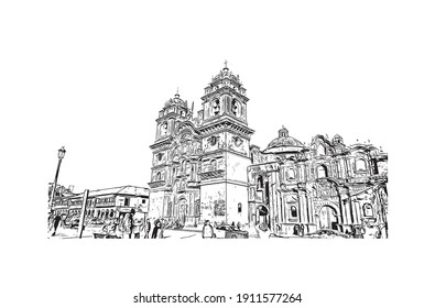 Building view with landmark of Cusco is the
city in Peru. Hand drawn sketch illustration in vector.