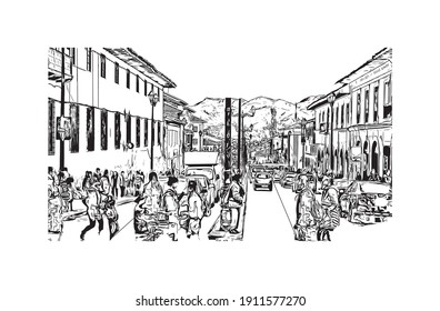 Building view with landmark of Cusco is the
city in Peru. Hand drawn sketch illustration in vector.