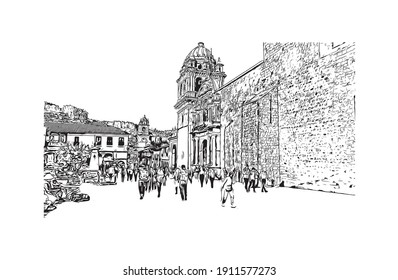 La vista de construcción con el punto de referencia del Cusco es el
ciudad de Perú. Dibujo a mano de ilustración de esbozo en vector.