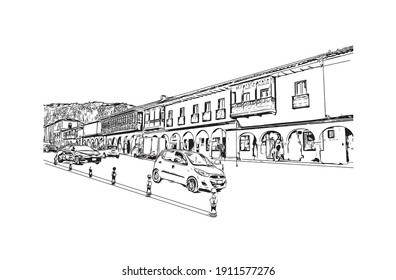 Der Blick auf das Gebäude mit Wahrzeichen von Cusco ist der
Stadt in Peru. Handgezeichnete Skizzengrafik in Vektorgrafik.