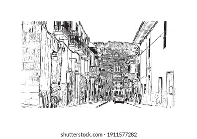 Building view with landmark of Cusco is the
city in Peru. Hand drawn sketch illustration in vector.