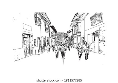 Building view with landmark of Cusco is the
city in Peru. Hand drawn sketch illustration in vector.