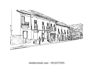 La vista de construcción con el punto de referencia del Cusco es el
ciudad de Perú. Dibujo a mano de ilustración de esbozo en vector.