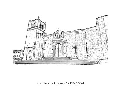 Building view with landmark of Cusco is the
city in Peru. Hand drawn sketch illustration in vector.
