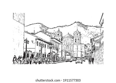 Building view with landmark of Cusco is the
city in Peru. Hand drawn sketch illustration in vector.