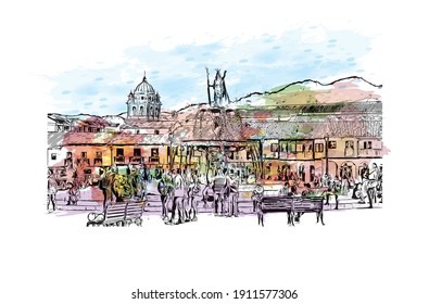 Building view with landmark of Cusco is the
city in Peru. Watercolor splash with hand drawn sketch illustration in vector.