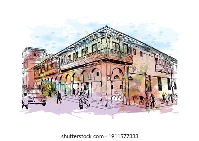 Building view with landmark of Cusco is the
city in Peru. Watercolor splash with hand drawn sketch illustration in vector.
