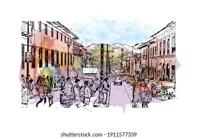 Building view with landmark of Cusco is the
city in Peru. Watercolor splash with hand drawn sketch illustration in vector.